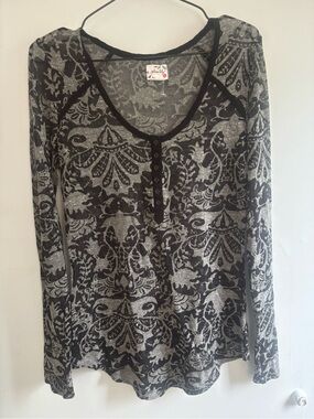 Free People intimately Black and Gray Ornate sheer Henley Long Sleeve Top